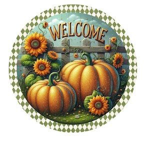 Letrero de corona de bienvenida de otoño con calabazas y girasoles, letrero de corona de metal, letrero de corona redonda, decoración de puerta, creaciones de letreros de Lindys