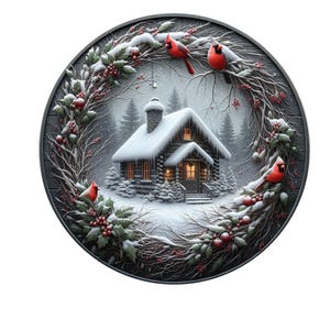 Winter cabin with cardinals wreath sign, rustic/primitive wreath sign, NO HOLES SIGN, winter wreath sign, door decor, metal wreath sign