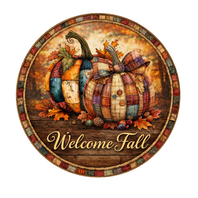 May include: A circular wooden sign with a fall theme. Two patchwork pumpkins sit on a wooden surface, surrounded by autumn leaves and pinecones. The sign reads "Welcome Fall" in gold script, framed by a rope and a plaid border.