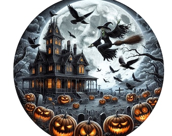 May include: A spooky Halloween scene with a dark, gothic house, a witch flying on a broomstick, a full moon, and jack-o'-lanterns.