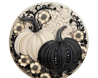 Black and white fall pumpkins wreath sign, metal wreath sign, round wreath sign, door decor, Lindys sign creations