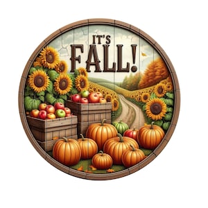 Calabazas, manzanas y girasoles: letrero de corona de otoño, letrero de corona de metal, decoración de puerta, creaciones de letreros de Lindys