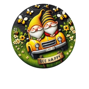 Bee happy with gnomes wreath sign, metal wreath sign, round wreath sign, door decor, Lindys sign creations