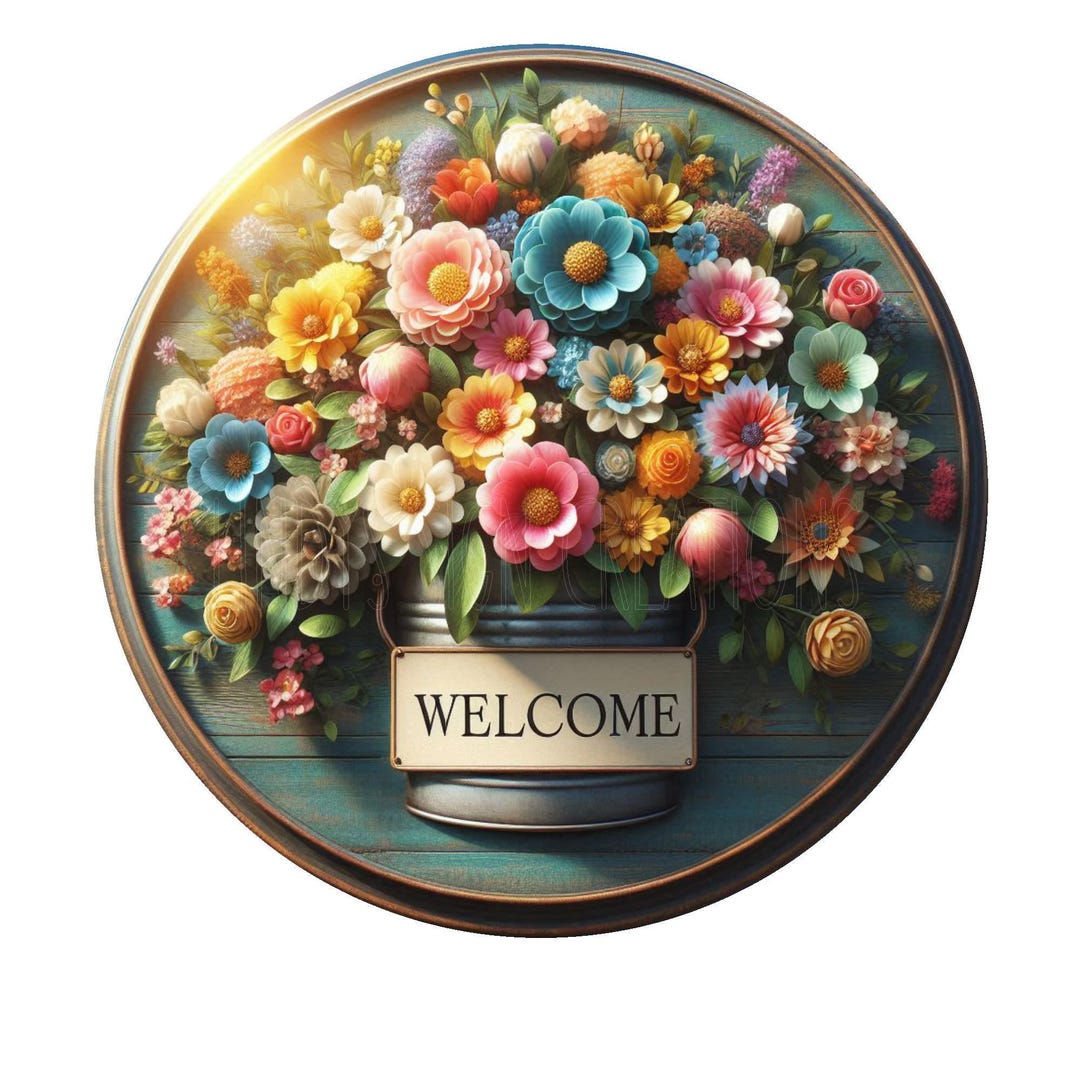 Bucket of Spring Flowers Welcome Wreath Sign, Metal Wreath Sign, Round ...