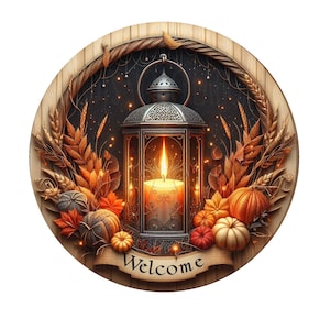 Letrero de corona de velas con linterna de bienvenida de otoño, letrero de corona de metal, decoración de puerta, letrero de corona redonda, creaciones de letreros de Lindys