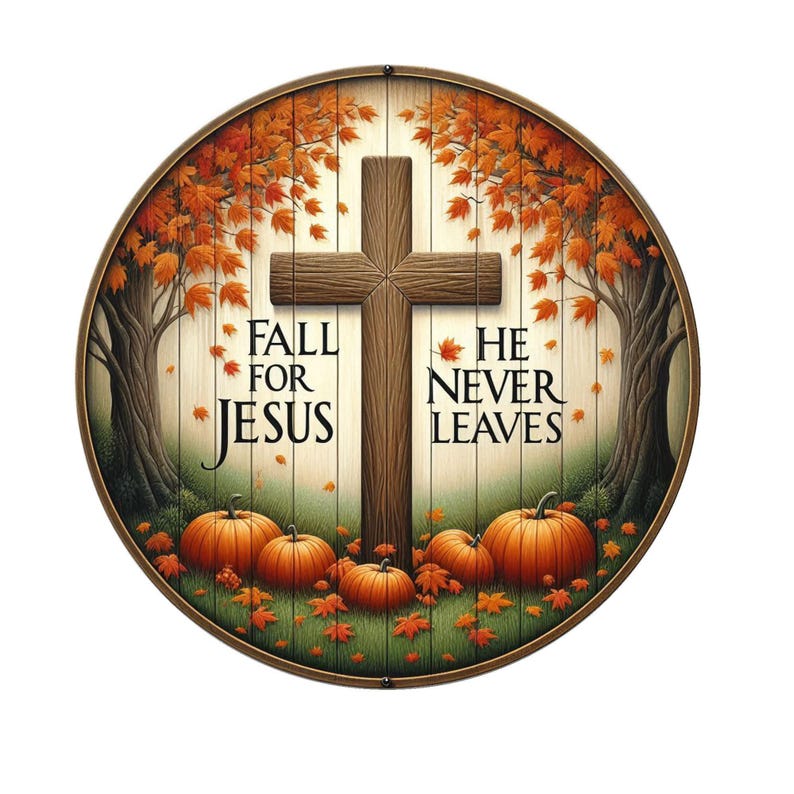Fall for Jesus He never leaves wreath sign, metal wreath sign, door decor, fall wreath sign, Lindys sign creations, Christian wreath sign image 3