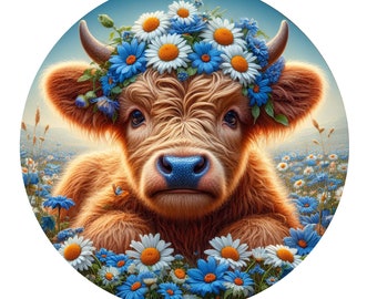 Highland cow with blue and white daisies wreath sign, metal wreath sign, round signs, door decor, Lindys sign creations