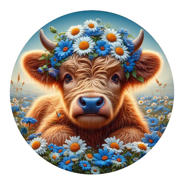 Highland cow with blue and white daisies wreath sign, metal wreath sign, round signs, door decor, Lindys sign creations