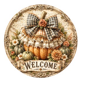 May include: A round, decorative fall-themed sign featuring a pumpkin with a plaid bow and floral accents. The pumpkin is orange with white polka dots and layered ruffles. The sign includes the word "WELCOME" on a banner.