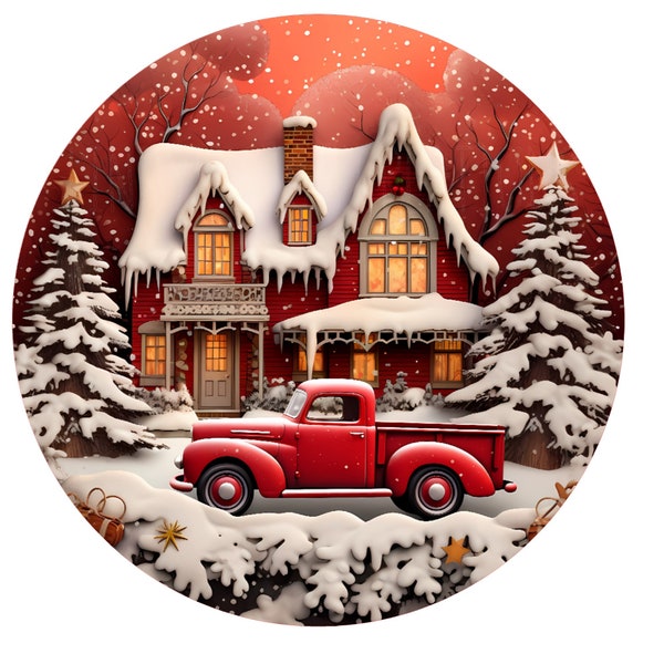 Red truck Christmas wreath sign, metal wreath sign, round wreath sign, door decor, Lindys sign creations