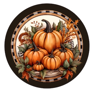 Letrero de corona de calabaza de otoño, letrero de corona de metal, letrero de corona redonda, decoración de puerta, creaciones de letreros de Lindys