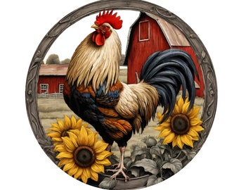 Rooster, sunflower and barn wreath sign, metal wreath sign, round wreath sign, Lindys sign creations