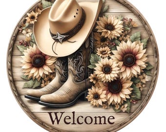 Cowboy boots, hat and sunflowers welcome wreath sign, metal wreath sign, round wreath sign, door decor, Lindys sign creations