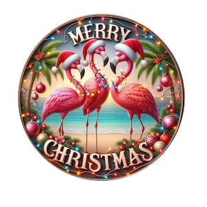 Flamingos with Santa hats Merry Christmas wreath sign, metal wreath sign, round wreath sign, door decor, Lindys sign creations