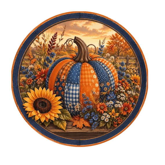 Patchwork pumpkin blue and orange wreath sign, aluminum wreath sign, wreath attachment, round wreath sign, door decor, farmhouse decor
