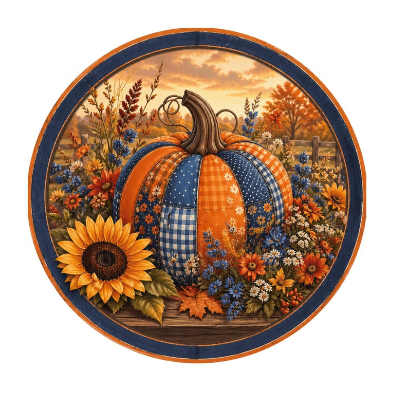 May include: A round decorative piece featuring a patchwork pumpkin with orange, blue, and white patterns. The pumpkin is surrounded by sunflowers, wildflowers, and autumn foliage, set against a sunset backdrop. The border is navy blue.
