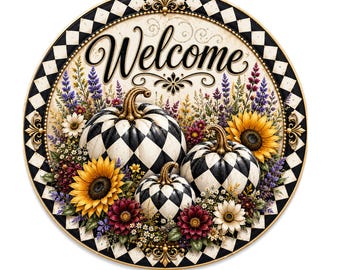 Harlequin black and white pumpkins and sunflowers welcome wreath sign, aluminum wreath sign, wreath attachment, round wreath sign