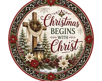 Christmas begins with Christ wreath sign, aluminum wreath sign, wreath attachment, round wreath sign, Christian wreath sign, door decor