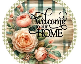 Welcome to our home peony wreath sign, metal wreath sign, round wreath sign, front door sign, Lindys sign creations