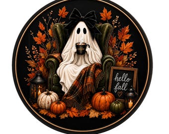 Ghost hello fall wreath sign, aluminum wreath sign, wreath attachment, round wreath sign, door decor, Halloween decor, fall decor