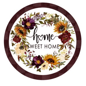 Letrero de corona con flores de otoño para el hogar, dulce hogar, letrero de corona de metal, letrero de corona redonda, decoración del hogar, creaciones de letreros de Lindys