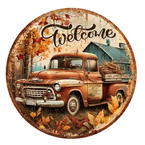 Letrero de corona de bienvenida para camión de otoño, letrero de corona de metal, letreros para coronas, letrero de corona redonda, decoración de puertas, creaciones de letreros de Lindys