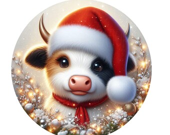 Cute highland cow with Santa hat wreath sign, metal wreath sign, round wreath sign, door decor, Lindys sign creations