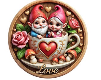 Corona de amor con gnomos en taza de té, corona de San Valentín, corona de metal, decoración de puertas, corona redonda, creaciones de letreros de Lindys