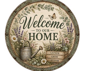 Bienvenido a nuestro hogar con flores de salvia, letrero de corona de aluminio, accesorio de corona, reunir, florecer, crecer, letrero de corona redonda, decoración de puerta