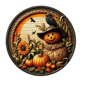 Letrero de corona de espantapájaros y calabazas de otoño, letrero de corona de metal, letrero de corona redonda, decoración de puerta, creaciones de letreros de Lindys
