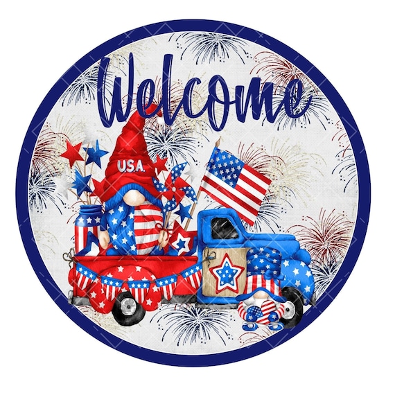 Welcome patriotic truck wreath sign, patriotic gnome wreath sign, metal wreath sign, welcome wreath sign