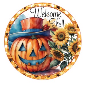 Letrero de corona de calabaza sonriente de bienvenida al otoño, letrero de corona redonda, letrero de corona de metal, decoración de puerta, creaciones de letreros de Lindys