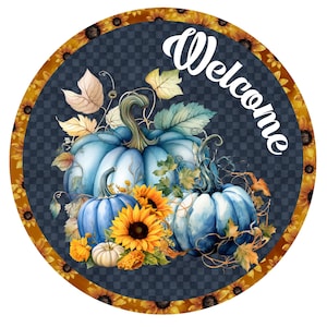 Letrero de bienvenida con corona de calabaza azul, letrero de corona de metal, letrero de corona redonda, letreros de otoño, creaciones de letreros de Lindys