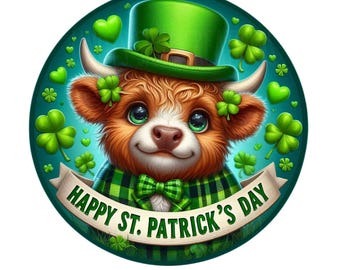 Happy St. Patrick's Day wreath sign, metal wreath sign, highland cow wreath sign, door decor, Lindys sign creations
