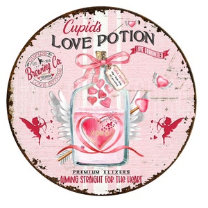 Valentine's day sign, cupid's love potion wreath sign, metal wreath sign, door decor, home decor, Lindys sign creations