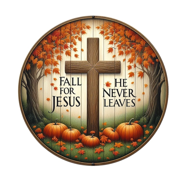Fall for Jesus He never leaves wreath sign, metal wreath sign, door decor, fall wreath sign, Lindys sign creations, Christian wreath sign image 1