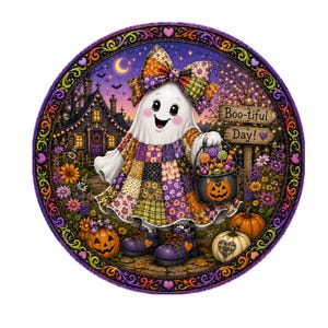 May include: A circular Halloween-themed illustration features a smiling ghost character wearing a patchwork dress and bow. The ghost holds a pumpkin bucket filled with candy. The background includes a spooky house, pumpkins, and the text "Boo-tiful Day!"