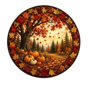 Fall trees with pumpkins wreath sign, round wreath sign, aluminum wreath sign, wreath attachment, door decor