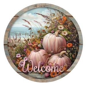 Letrero de corona con calabazas rosas y flores, letrero de corona de metal, letrero de corona de otoño, letrero de corona redonda, decoración de puerta, creaciones de letreros de Lindys