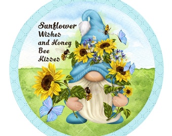 Sunflower wishes and honey bee kisses wreath sign, metal wreath sign, door hanging, gnome sign, lindys sign creations