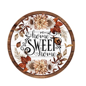 Letrero de corona de otoño con la frase Hogar dulce hogar, letrero de corona de metal, letrero de corona redonda, letreros de otoño, decoración de puertas, creaciones de letreros de Lindys