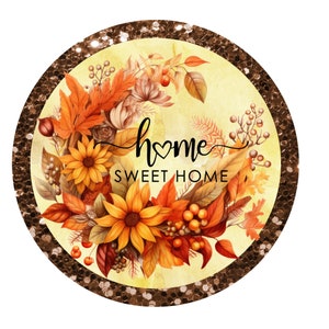 Letrero floral de otoño "Hogar, dulce hogar", letrero de corona de metal, letrero de corona redonda, decoración de puerta, creaciones de letreros de Lindys
