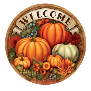 Letrero de corona de calabaza de bienvenida al otoño, letrero de corona de metal, letrero de corona redonda, decoración de puerta, creaciones de letreros de Lindys