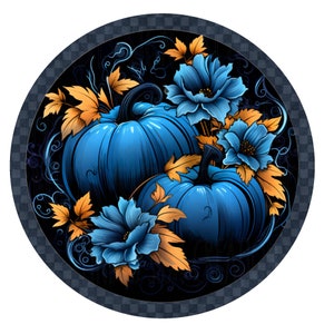 Letrero de corona de otoño con calabaza azul, letrero de corona de metal, letrero de corona redonda, decoración de puerta, creaciones de letreros de Lindys