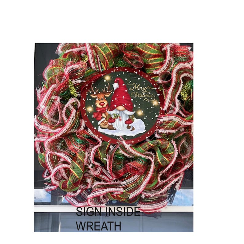 A wreath made of colorful ribbons and featuring a gnome and a reindeer design, with the text "Merry Christmas" displayed on it.