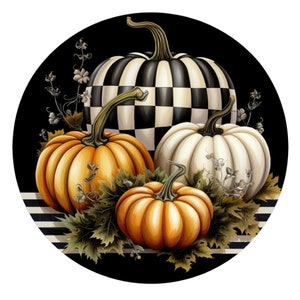 Letrero de corona de calabaza con diseño de tablero de ajedrez de otoño, letrero de corona de metal, letrero de corona redonda, decoración de puerta, decoración de otoño, creaciones de letreros de Lindys