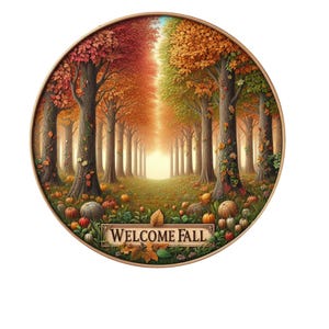 Letrero de corona de bienvenida de otoño, letrero de corona de metal, letrero de corona redonda, decoración de otoño, decoración de puertas, creaciones de letreros de Lindys