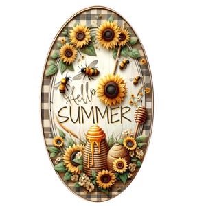 Oval hello summer bees, sunflower, bee hive wreath sign, metal wreath sign, door decor, Lindys sign creations