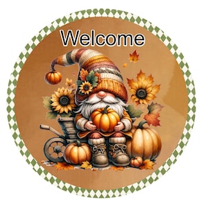 Letrero de corona de gnomo de bienvenida al otoño, letrero de corona de metal, letrero de corona redonda, decoración de puerta, creaciones de letreros de Lindys