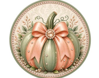 Pumpkin in green and peach wreath sign, aluminum wreath sign, wreath attachment, round wreath sign, fall wreath sign, door decor